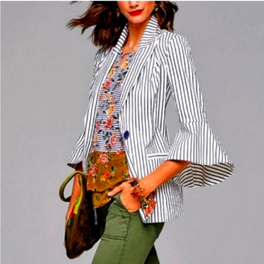 Striped Cabi Bell Sleeve Blazer - Blue and White. Size 8